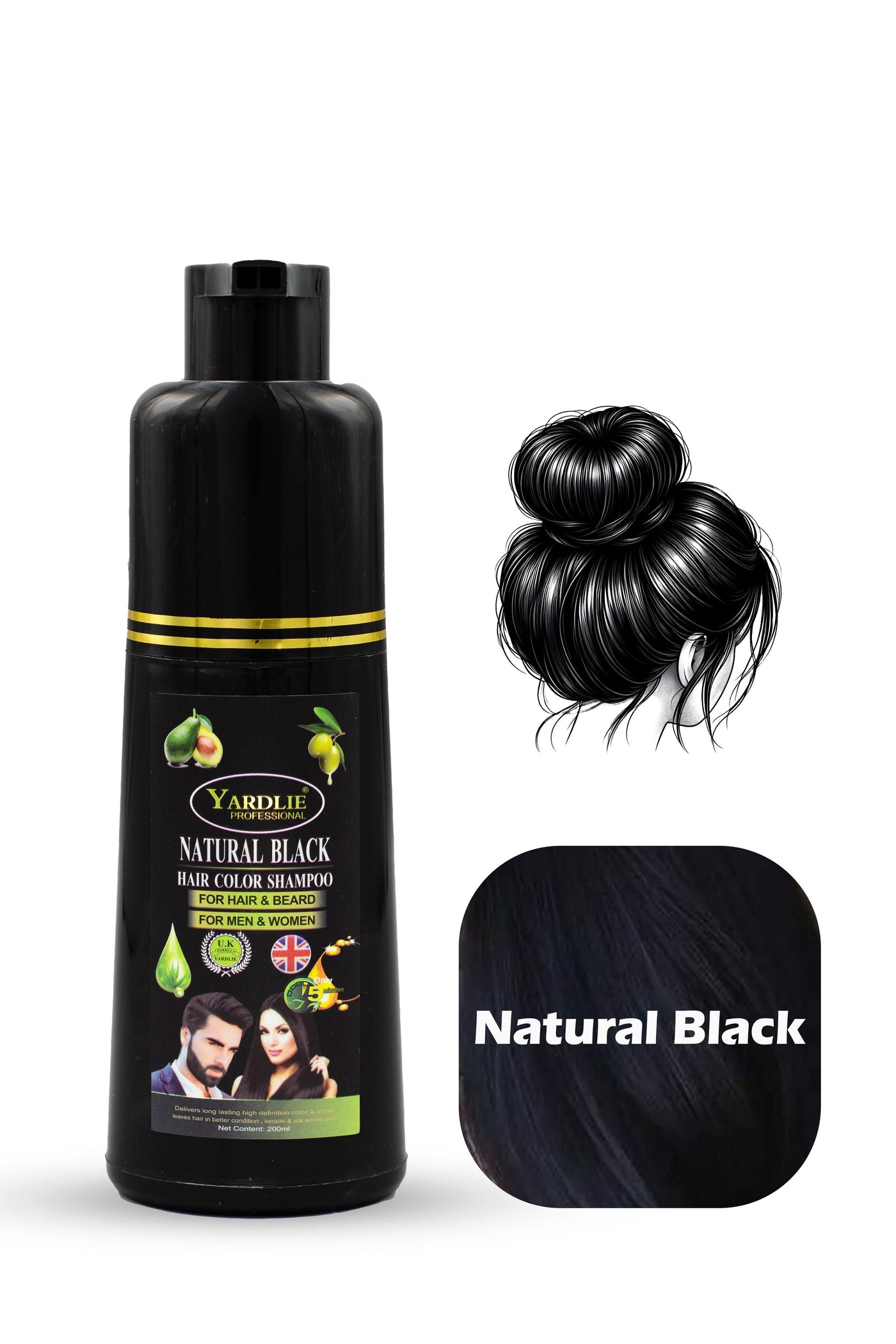 Yardlie Hair Color Shampoo – Natural Black | UK-Based 5-in-1 Grey-Cover | 200 ml